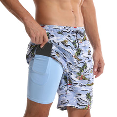 Men's Swim Trunks with Compression Liner Quick Dry 7" Inseam Swimsuit Swimwear - Skateboard Dog