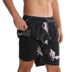 Men's Swim Trunks with Compression Liner Quick Dry 7" Inseam Swimsuit Swimwear - Crane