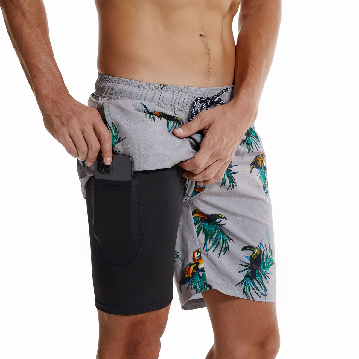 Men's Swim Trunks with Compression Liner Quick Dry 7" Inseam Swimsuit Swimwear - Toucans