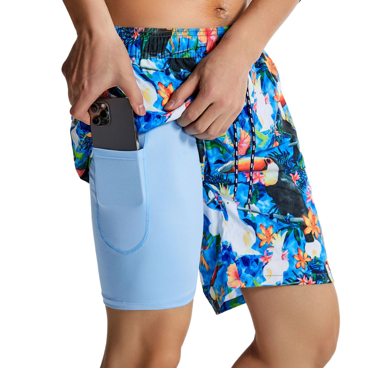 Men's Swim Trunks with Compression Liner Quick Dry 7" Inseam Swimsuit Swimwear - Flowers Toucans