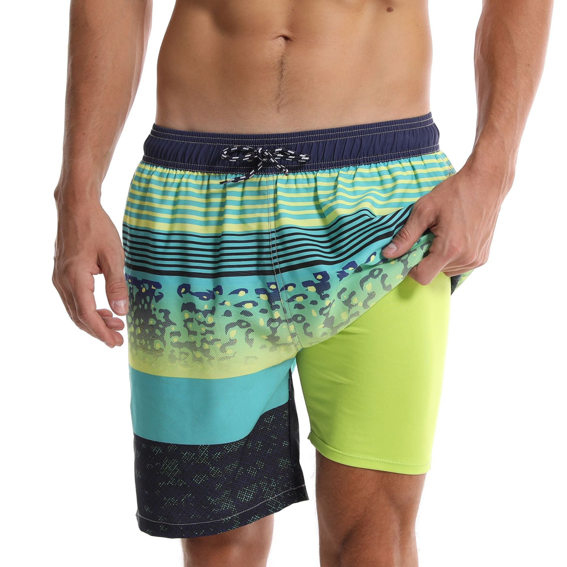 Men's Swim Trunks with Compression Liner Quick Dry 7" Inseam Swimsuit Swimwear - Stripe Drift Fashion