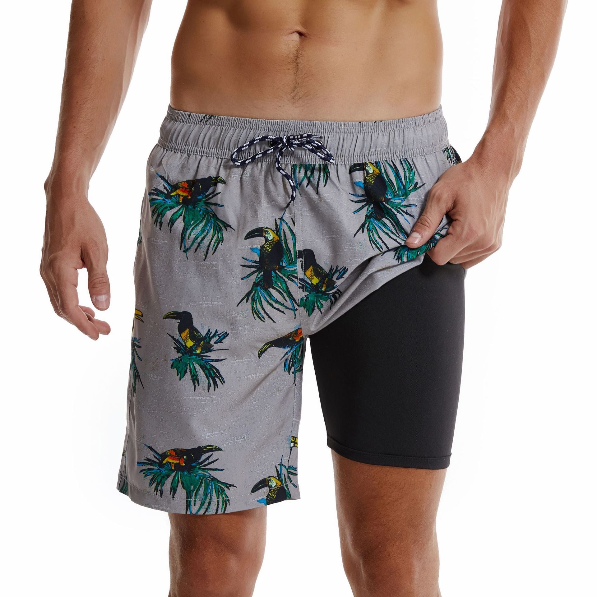 Men's Swim Trunks with Compression Liner Quick Dry 7" Inseam Swimsuit Swimwear - Toucans