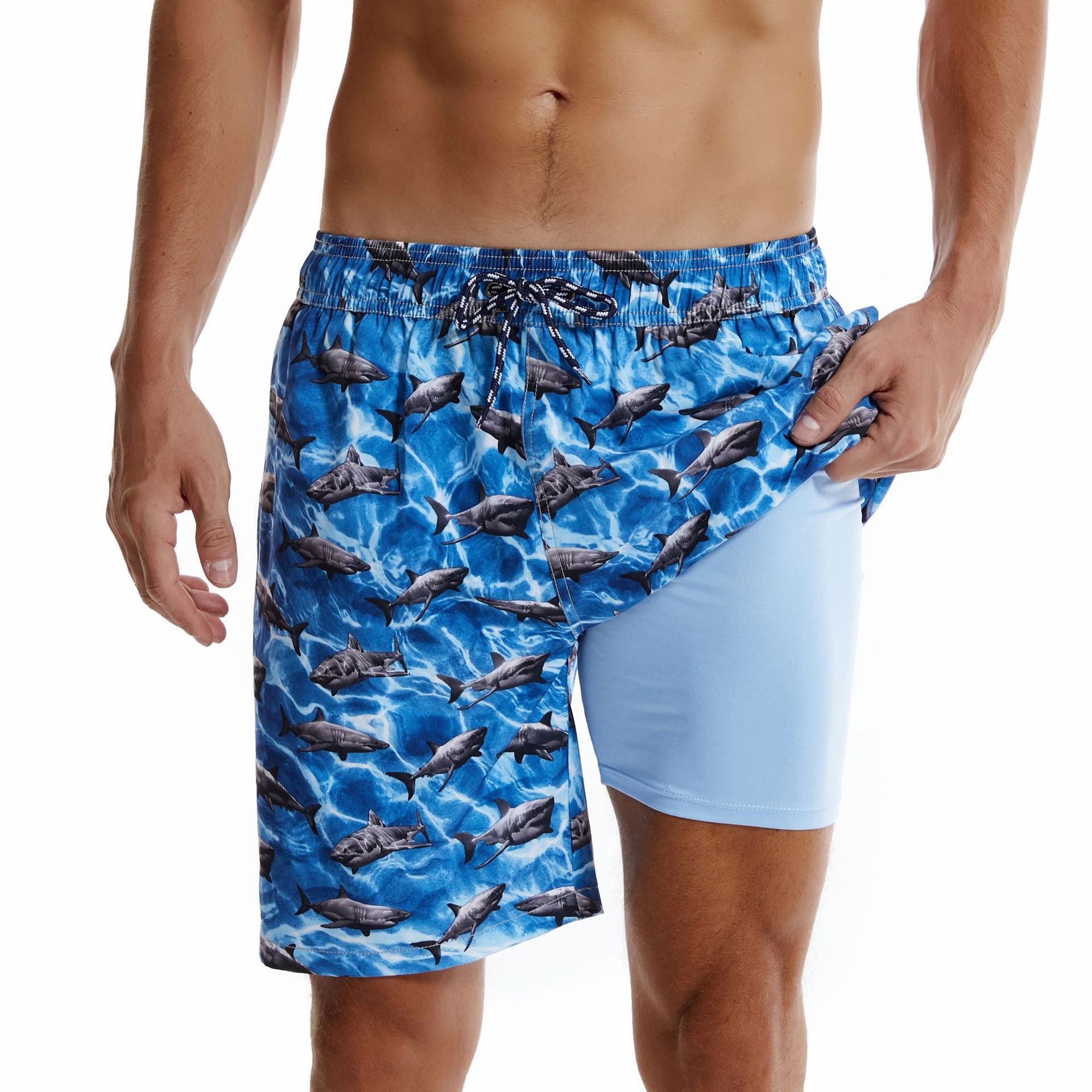 Men's Swim Trunks with Compression Liner Quick Dry 7" Inseam Swimsuit Swimwear - Sharks