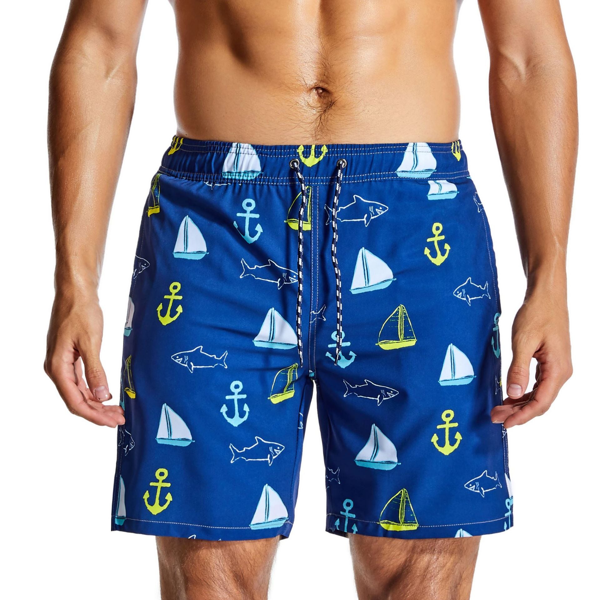 Men's Swim Trunks with Compression Liner Quick Dry 7" Inseam Swimsuit Swimwear - Boat Anchors
