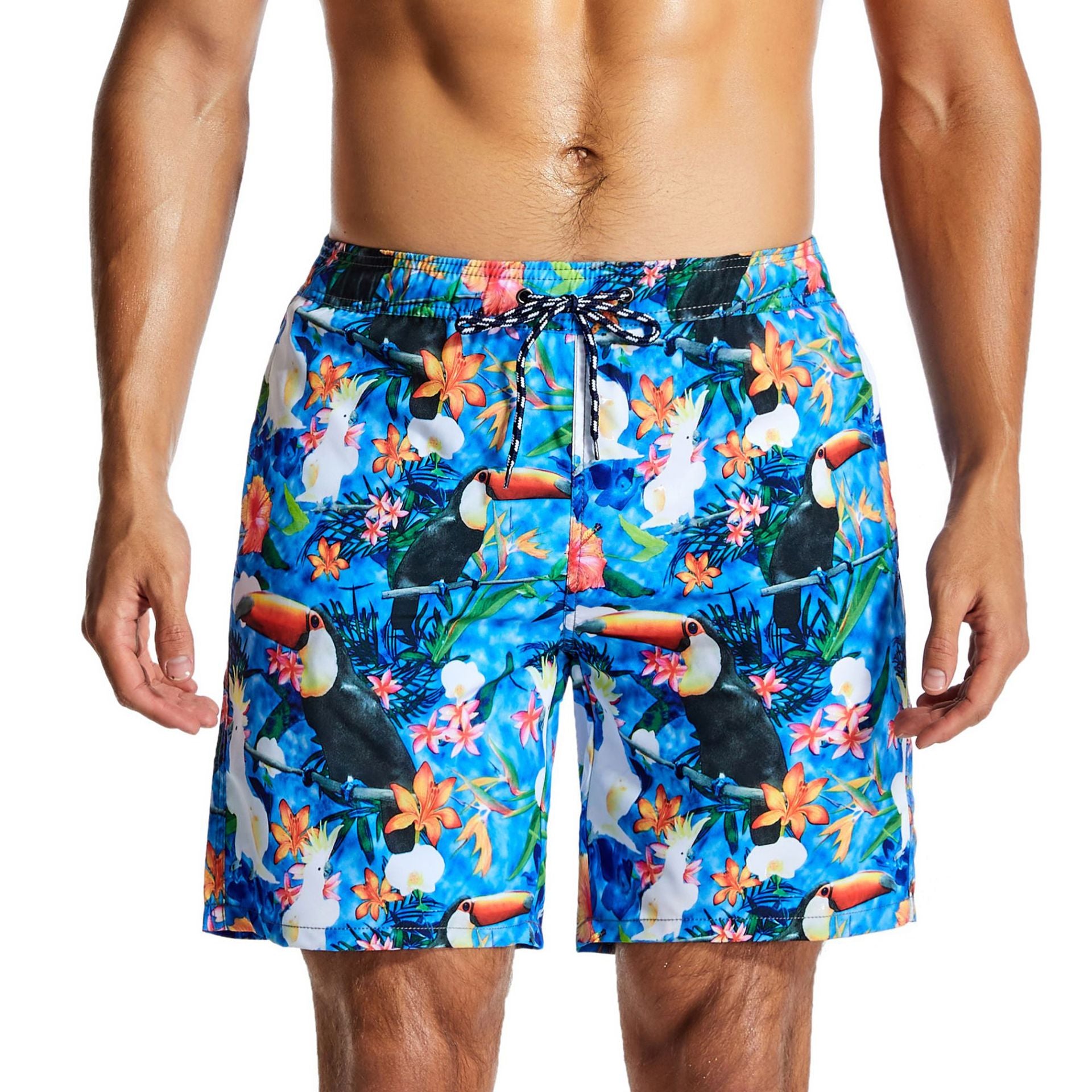 Men's Swim Trunks with Compression Liner Quick Dry 7" Inseam Swimsuit Swimwear - Flowers Toucans