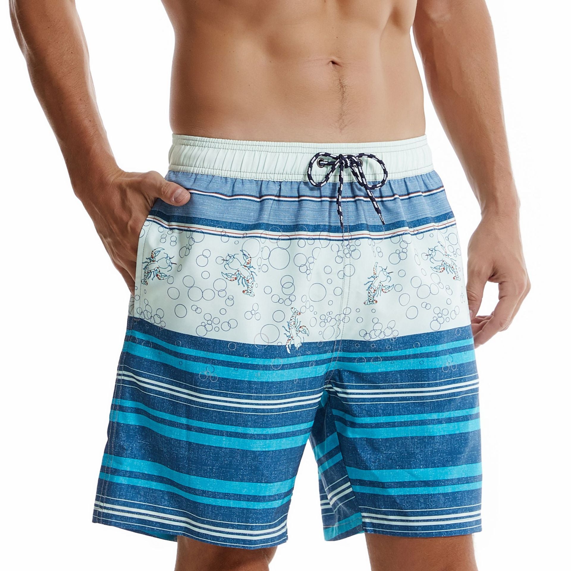 Men's Swim Trunks with Compression Liner Quick Dry 7" Inseam Swimsuit Swimwear - Crayfish Stripe