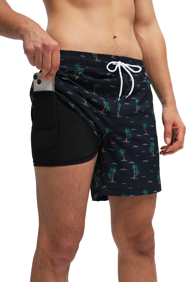 Men's Swim Trunks with Compression Liner Quick Dry 7" Inseam Swimsuit Swimwear - Navy Palms