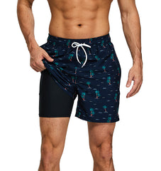 Men's Swim Trunks with Compression Liner Quick Dry 7" Inseam Swimsuit Swimwear - Navy Palms