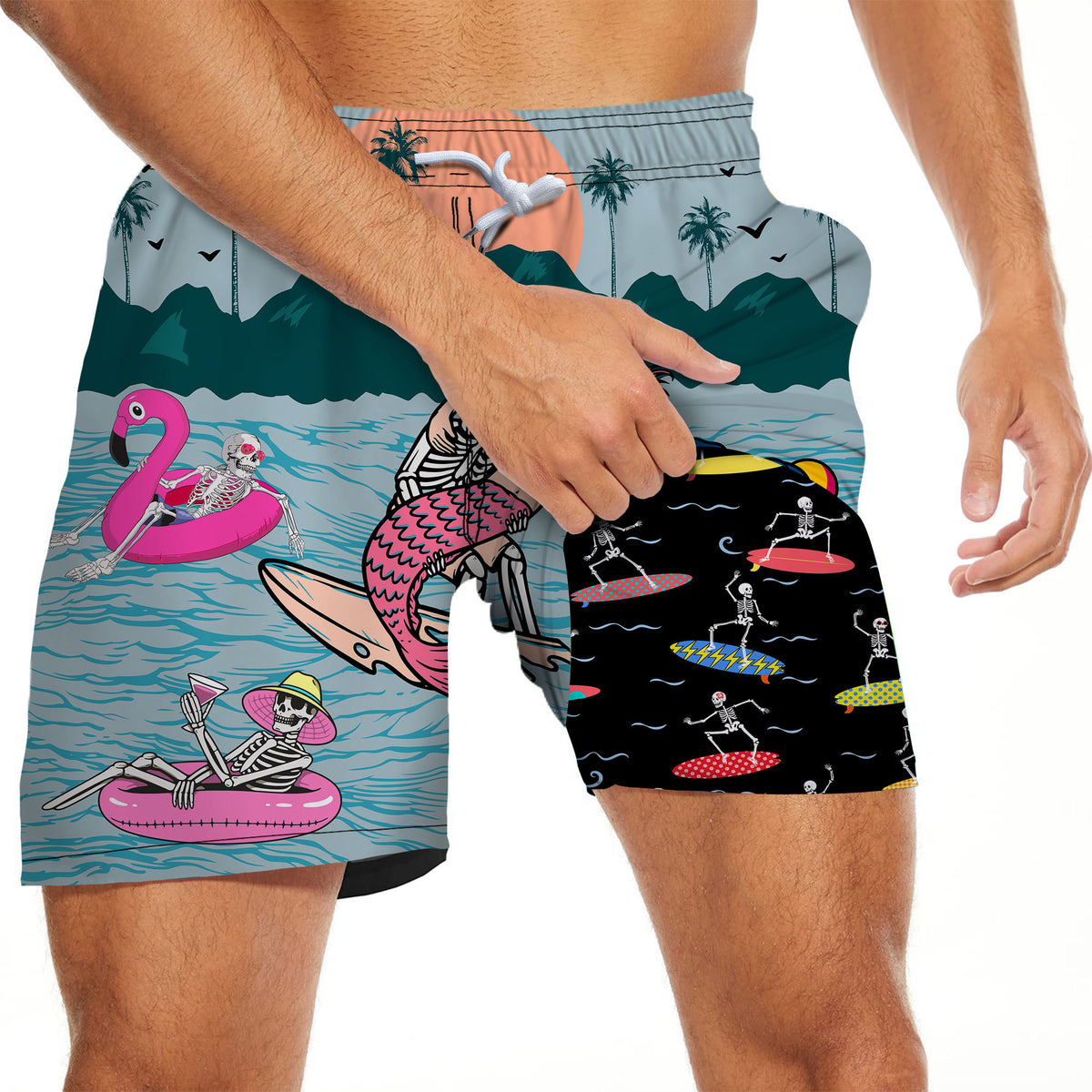 Men's Swim Trunks With Compression Liner 5.5" Inseam Quick Dry Swim Shorts With Pockets - Skeleton Surf