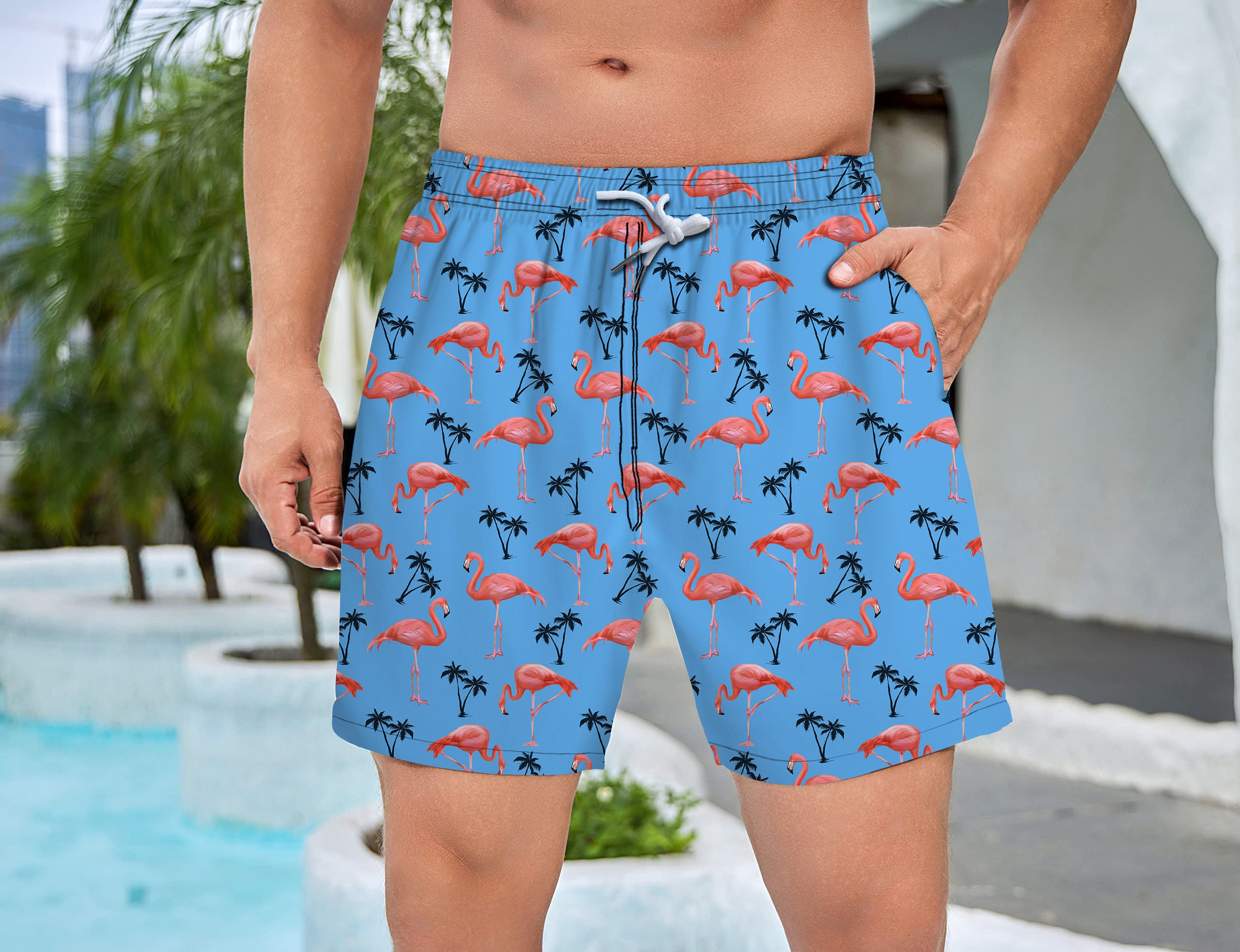 Men's Swim Trunks With Compression Liner 5.5" Inseam Quick Dry Swim Shorts With Pockets - Flamingo