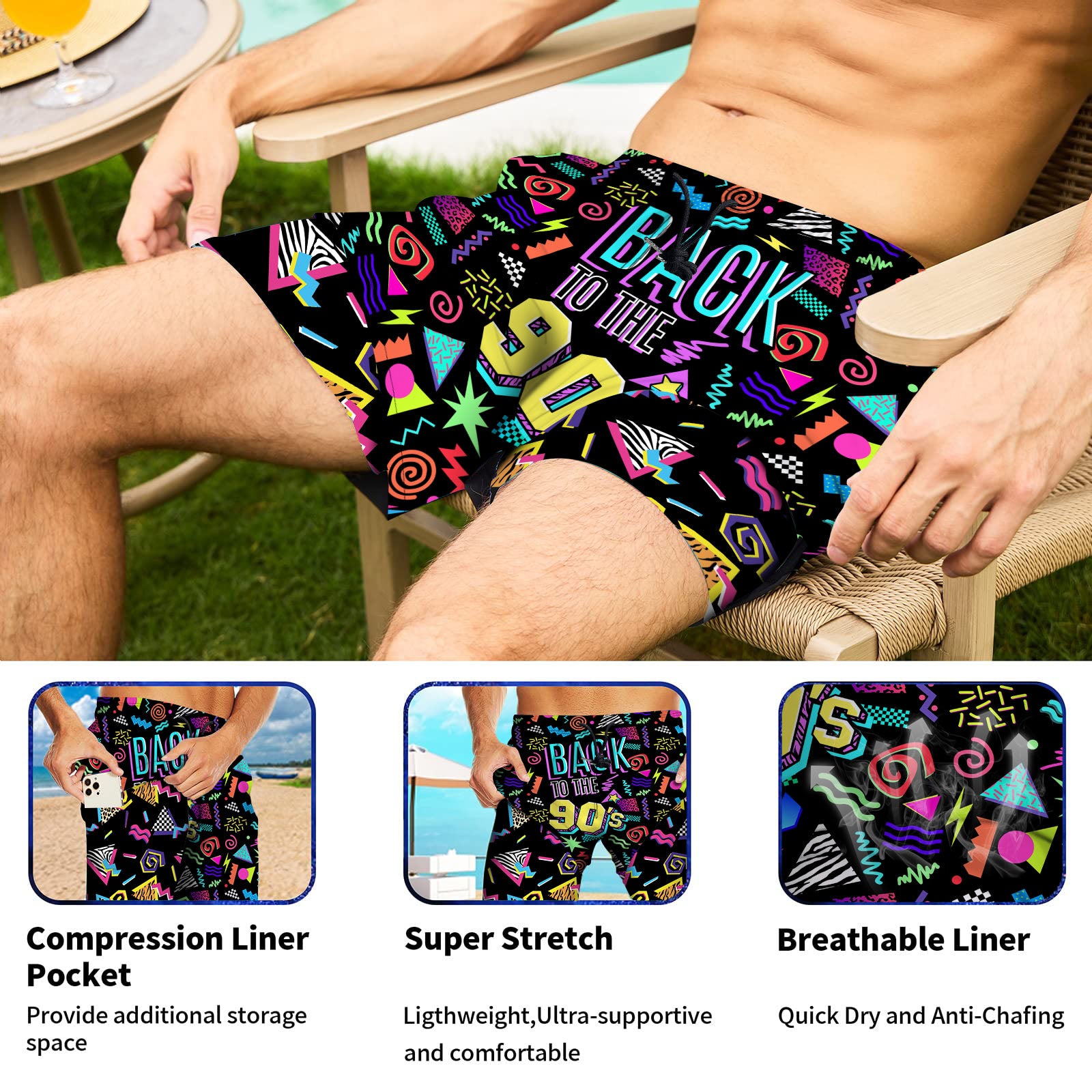 Men's Swim Trunks With Compression Liner 5.5" Inseam Quick Dry Swim Shorts With Pockets - 90's Style