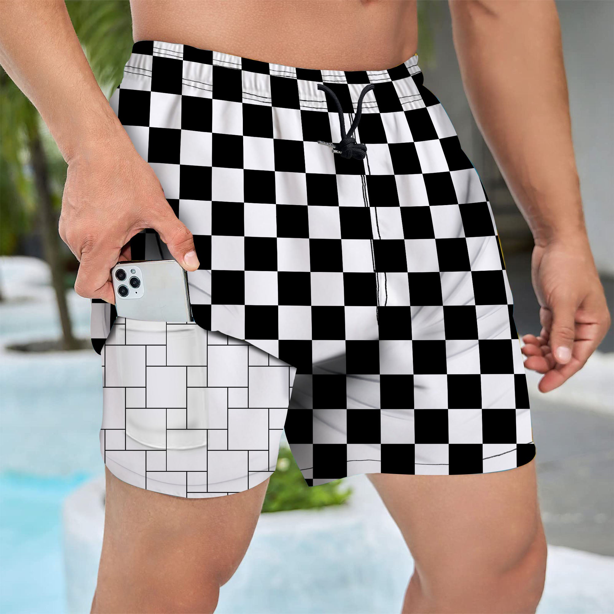 Men's Swim Trunks With Compression Liner 5.5" Inseam Quick Dry Swim Shorts With Pockets - Checkered
