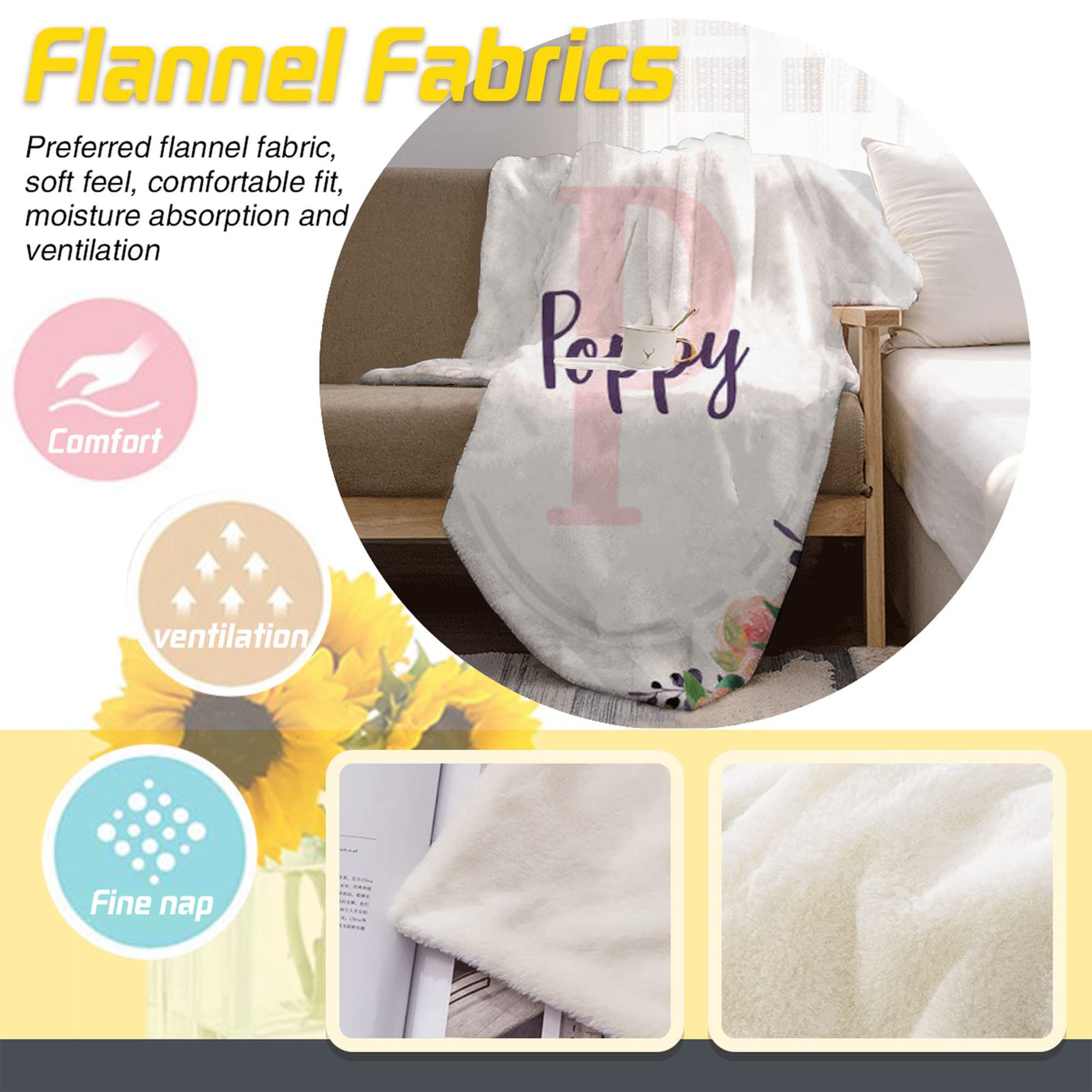 Personalized Floral Grey Stripe Blanket With Name For Adult, Kids