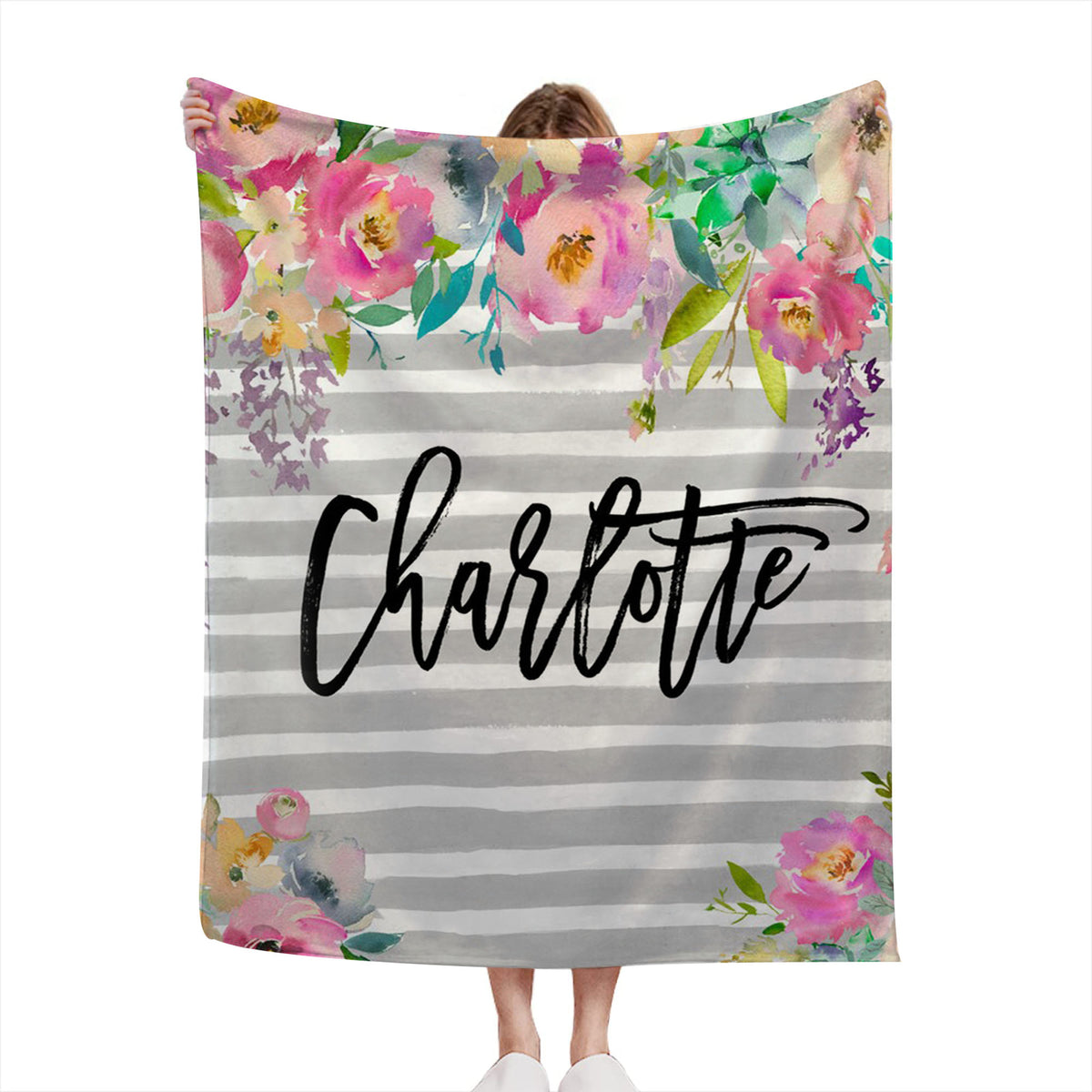 Personalized Floral Grey Stripe Blanket With Name For Adult, Kids