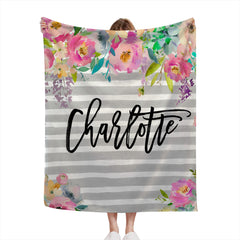 Personalized Floral Grey Stripe Blanket With Name For Adult, Kids