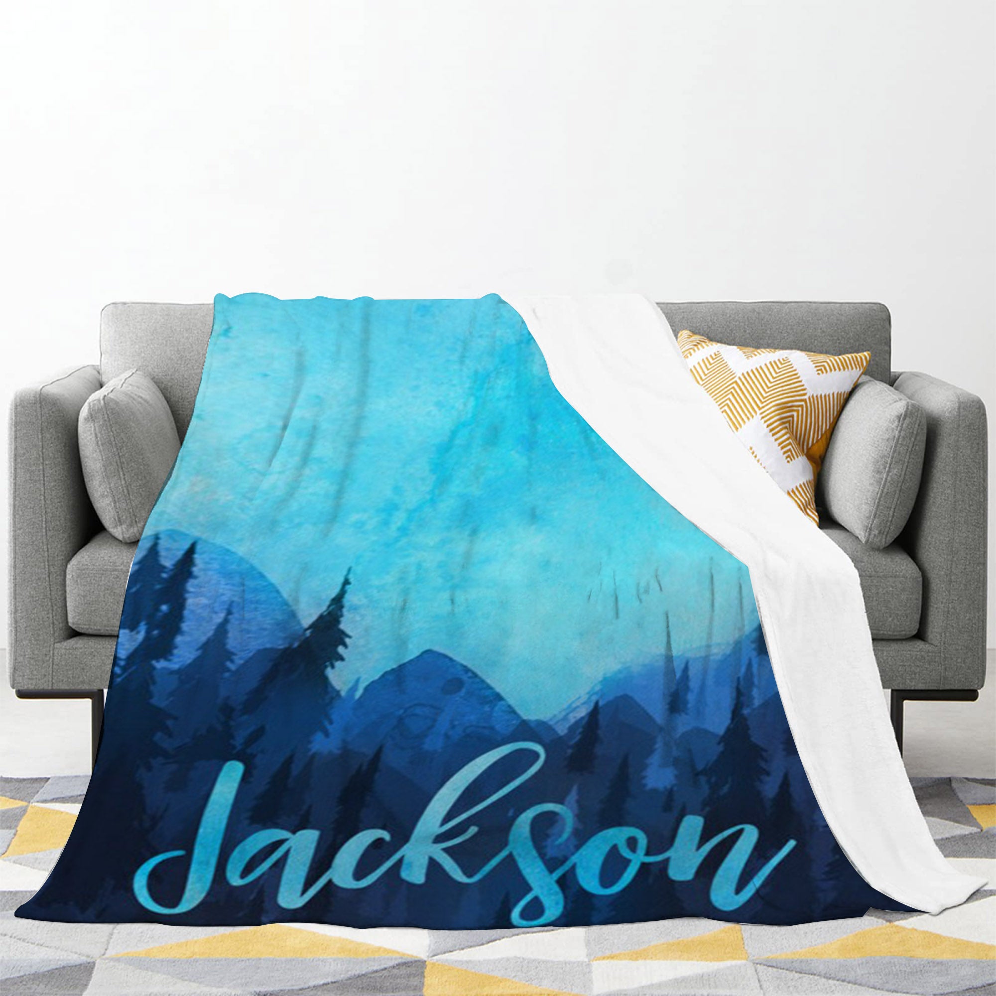 Personalized Blue Mountain Blanket With Name For Adult, Kids