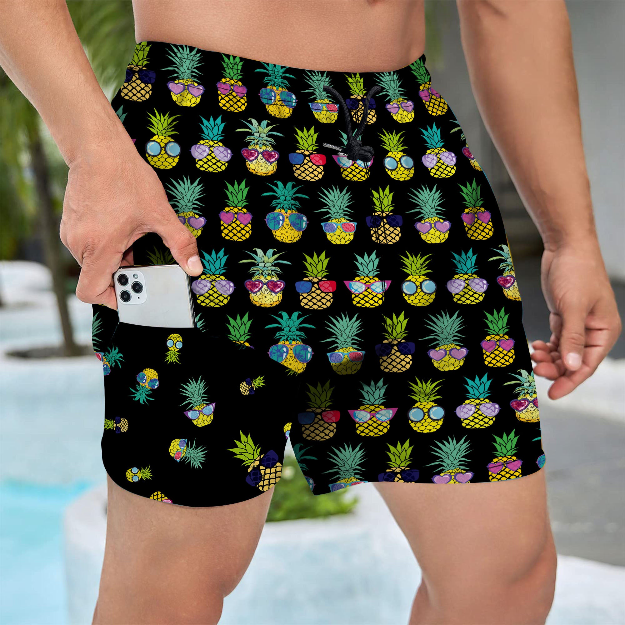 Men's Swim Trunks With Compression Liner 5.5" Inseam Quick Dry Swim Shorts With Pockets - Pineapple