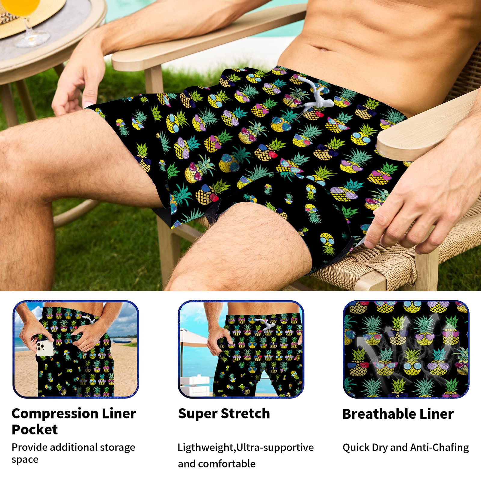 Men's Swim Trunks With Compression Liner 5.5" Inseam Quick Dry Swim Shorts With Pockets - Pineapple