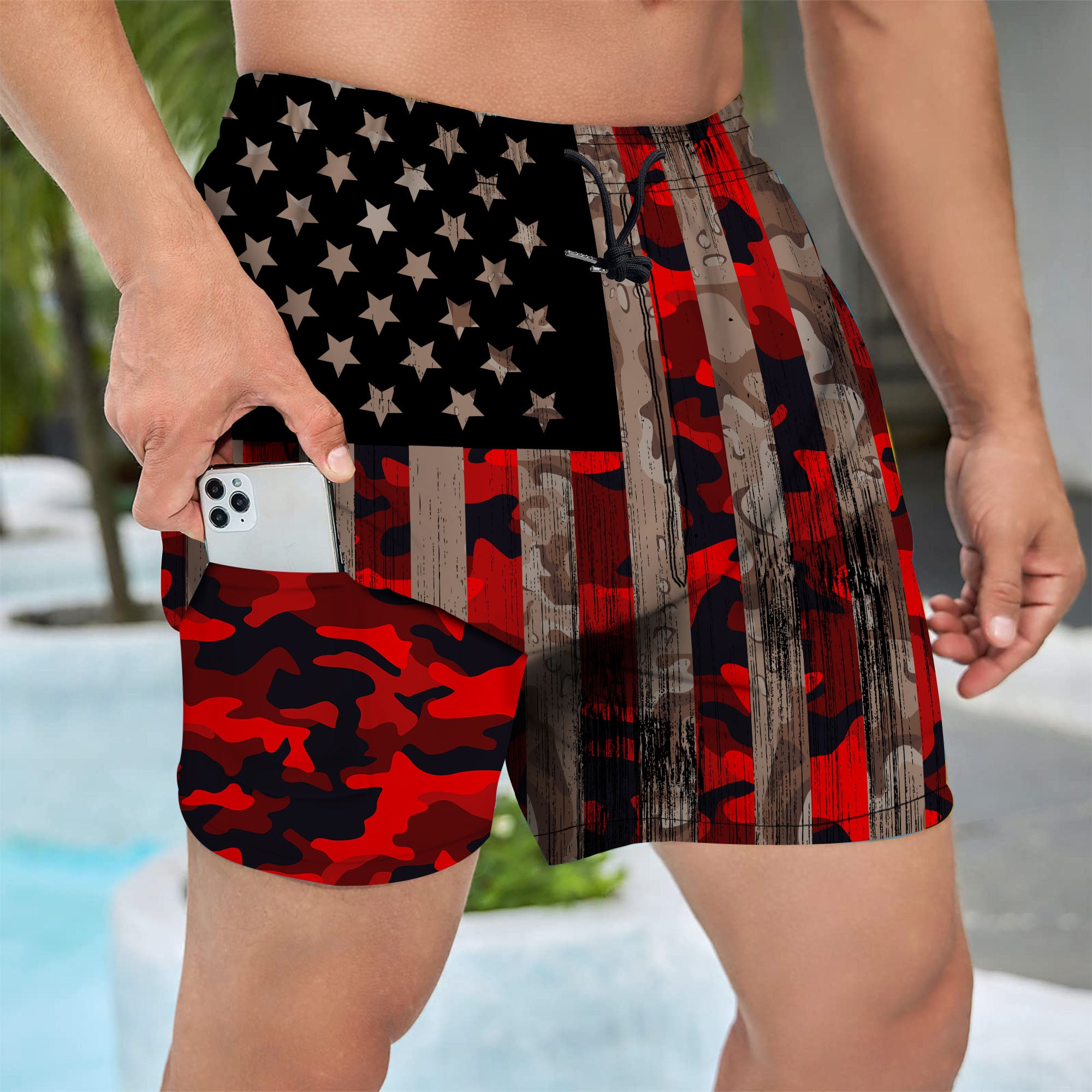 Men's Swim Trunks With Compression Liner 5.5" Inseam Quick Dry Swim Shorts With Pockets - Flag