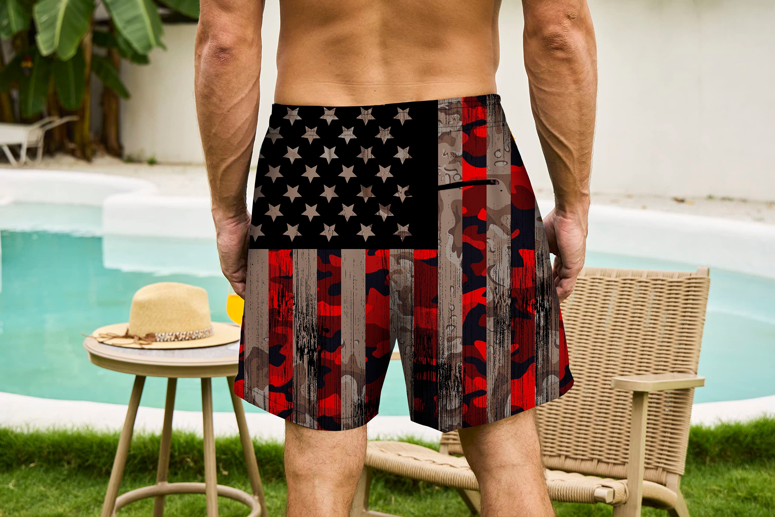 Men's Swim Trunks With Compression Liner 5.5" Inseam Quick Dry Swim Shorts With Pockets - Flag
