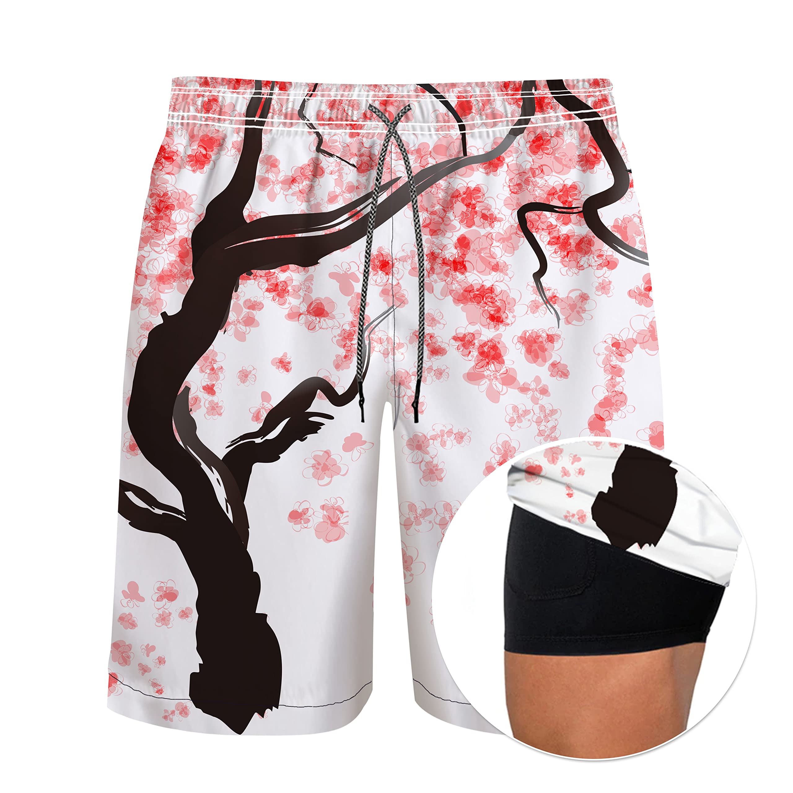 Men's 9" Inseam Swim Trunks With Compression Liner Quick Dry Swim Bathing Suit - Cherry Blossoms