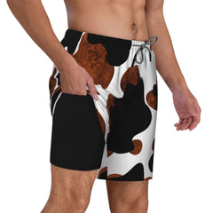 Men's 9" Inseam Swim Trunks With Compression Liner Quick Dry Swim Bathing Suit - Cow Print Cowhide