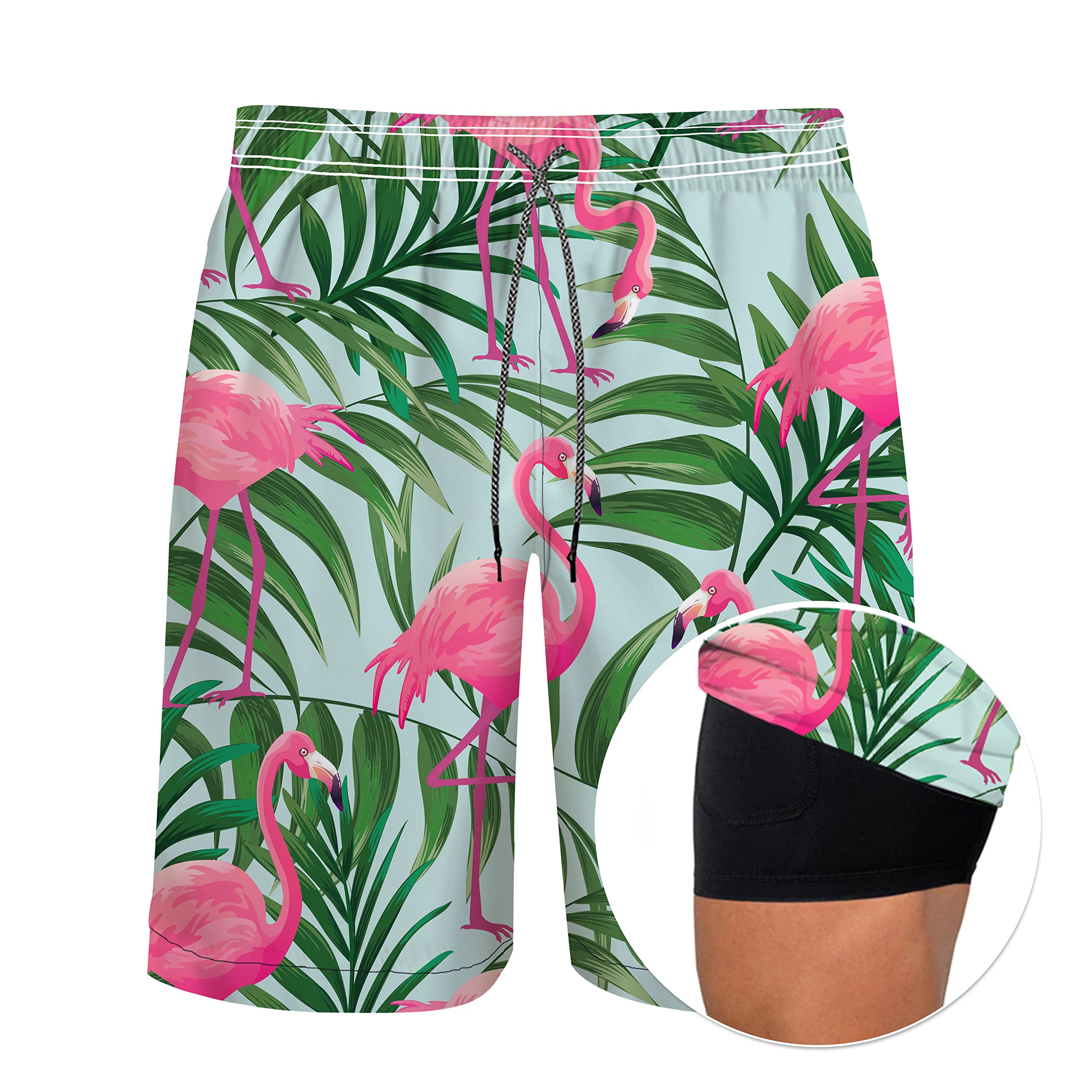 Men's 9" Inseam Swim Trunks With Compression Liner Quick Dry Swim Bathing Suit - Flamingo