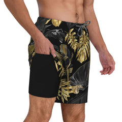 Men's 9" Inseam Swim Trunks With Compression Liner Quick Dry Swim Bathing Suit - Palm Leaf