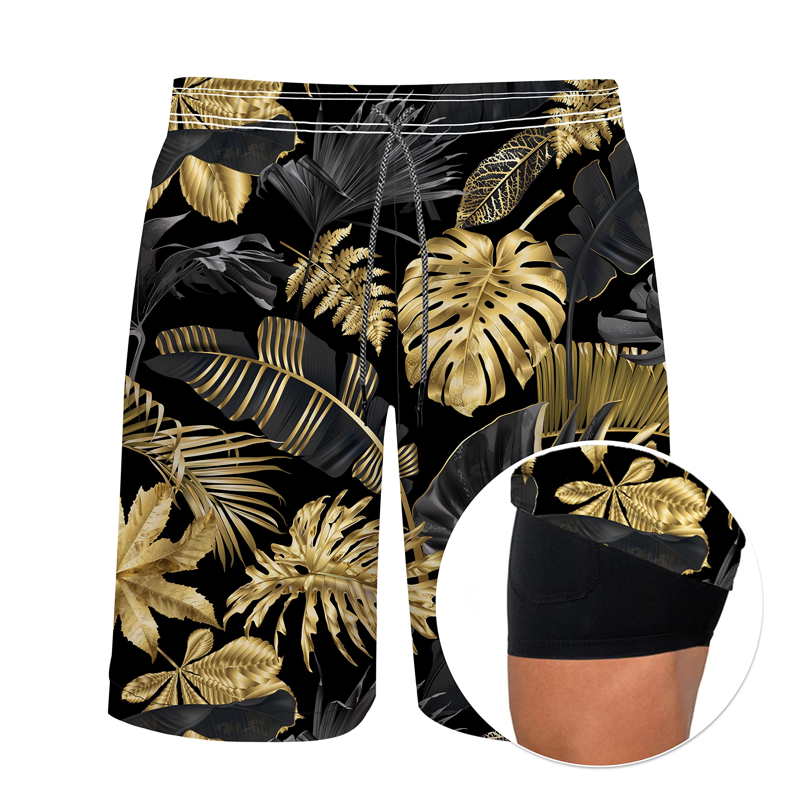 Men's 9" Inseam Swim Trunks With Compression Liner Quick Dry Swim Bathing Suit - Palm Leaf