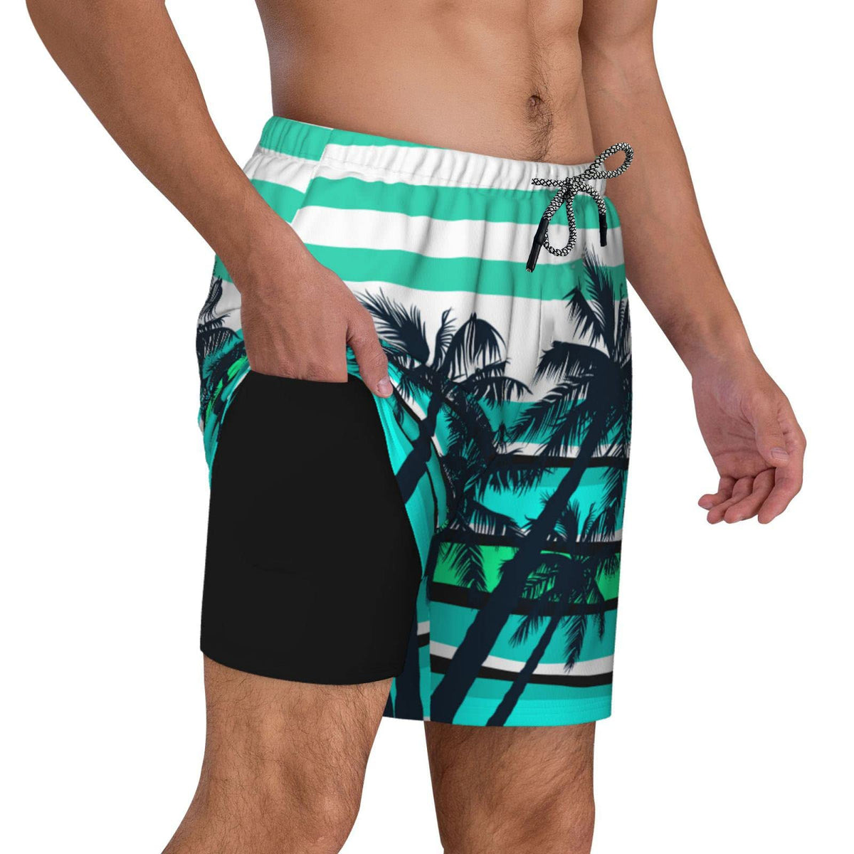 Men's 9" Inseam Swim Trunks With Compression Liner Quick Dry Swim Bathing Suit - Palm Tree Green
