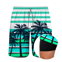 Men's 9" Inseam Swim Trunks With Compression Liner Quick Dry Swim Bathing Suit - Palm Tree Green