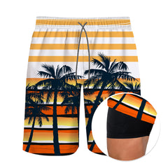 Men's 9" Inseam Swim Trunks With Compression Liner Quick Dry Swim Bathing Suit - Palm Tree Yellow