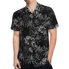 Men's Hawaiian Shirt Casual Button Down Short Sleeves Beach Shirt - Palm Tree Black