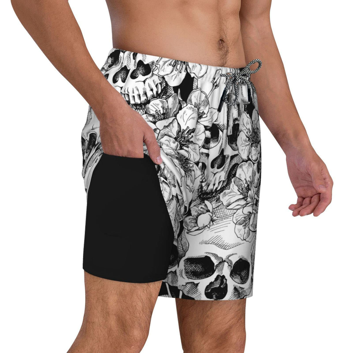 Men's 9" Inseam Swim Trunks With Compression Liner Quick Dry Swim Bathing Suit - Skull