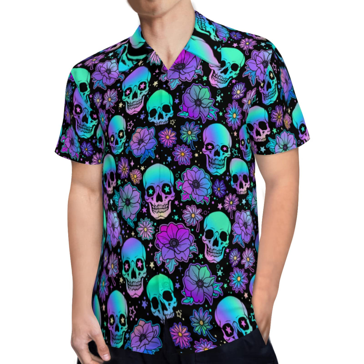 Men's Hawaiian Shirt Casual Button Down Short Sleeves Beach Shirt - Skull