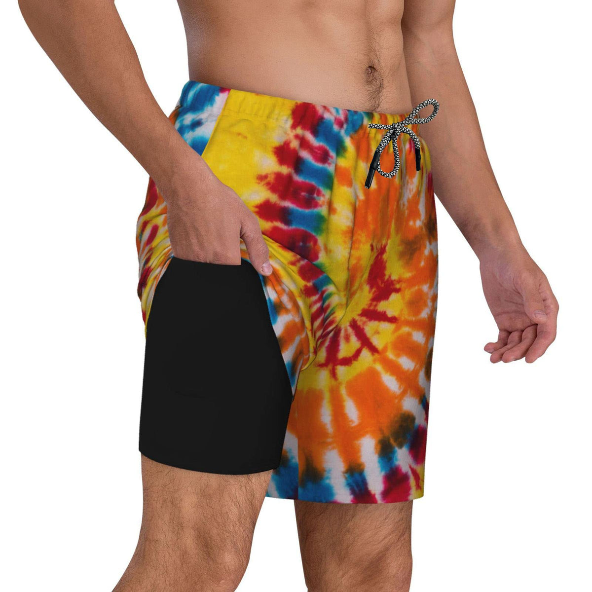 Men's 9" Inseam Swim Trunks With Compression Liner Quick Dry Swim Bathing Suit - Tie Dye Rainbow