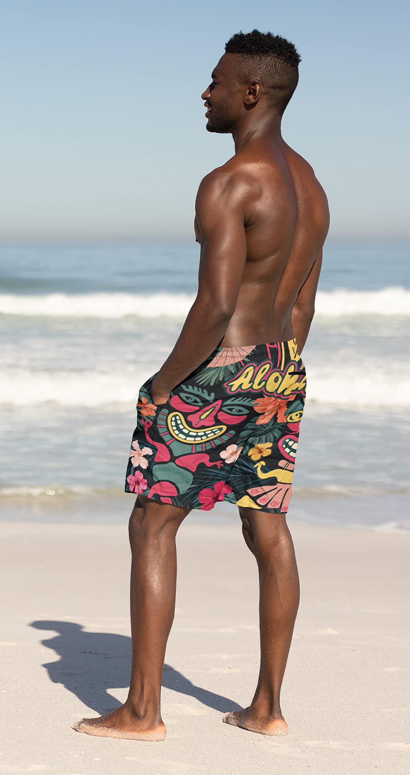 Men's 9" Inseam Swim Trunks With Compression Liner Quick Dry Swim Bathing Suit - Tiki Aloha
