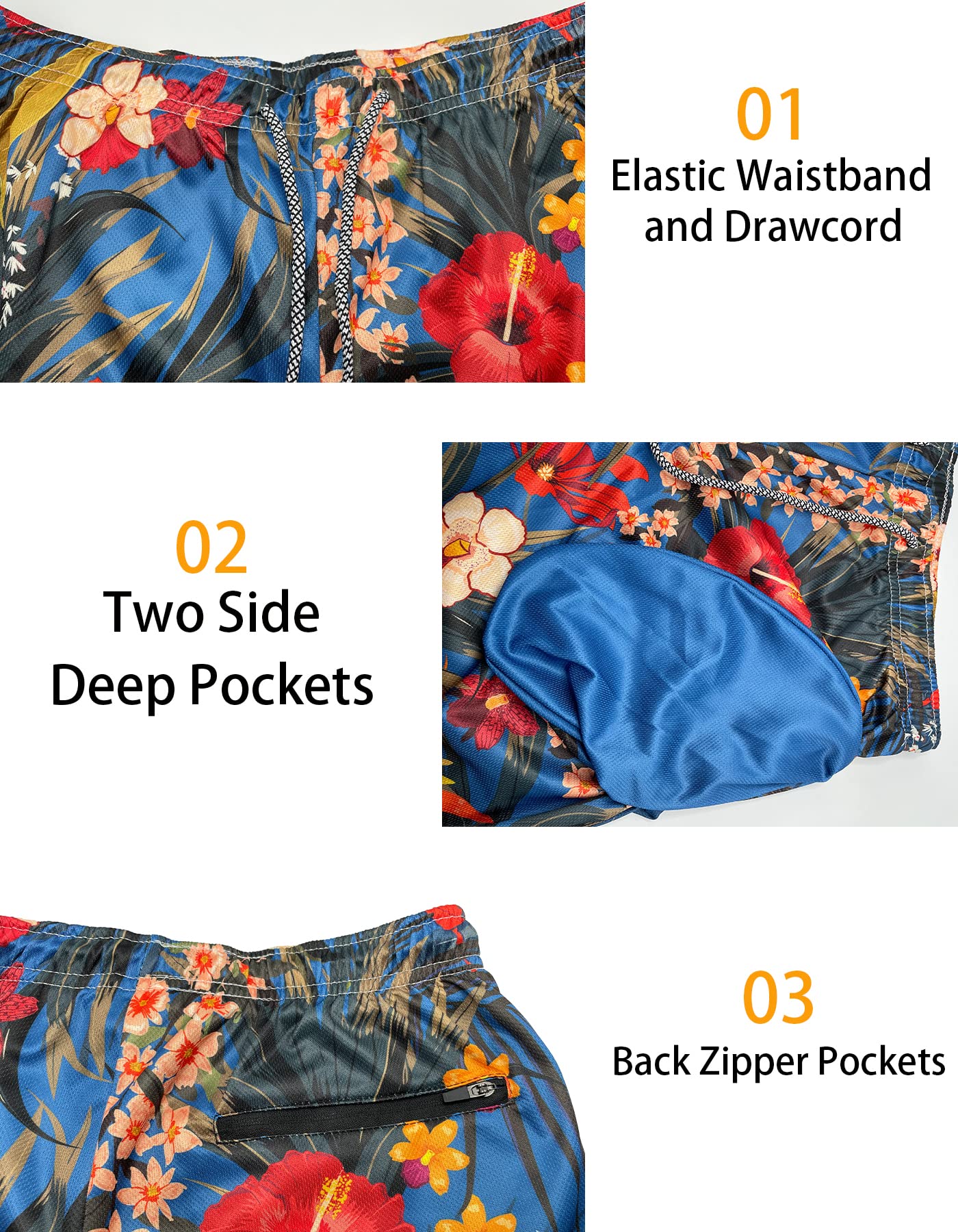 Men's 9" Inseam Swim Trunks With Compression Liner Quick Dry Swim Bathing Suit - Tropical Flower
