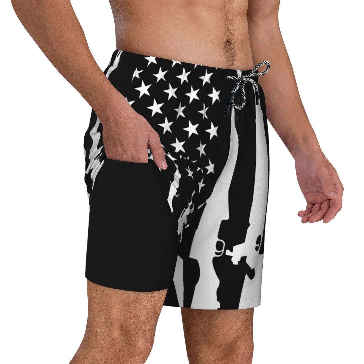 Men's 9" Inseam Swim Trunks With Compression Liner Quick Dry Swim Bathing Suit - Weapon American Flag